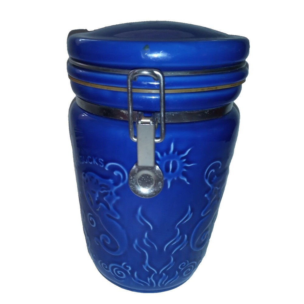 STARBUCKS Cobalt Blue Ceramic COFFEE CANISTER Jar Siren MERMAID 8.5" H